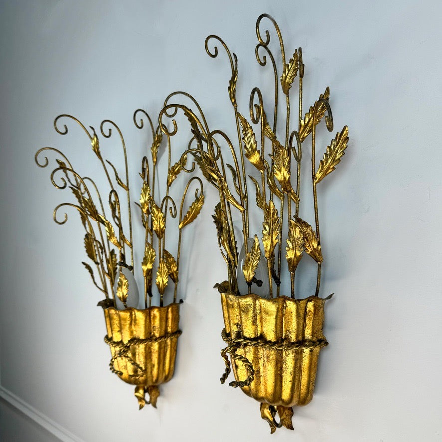 1950's Italian Gilt Scroll and Leaf Wall Lights