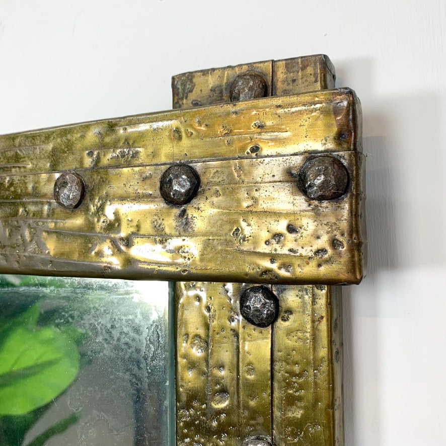 Mid-Century Gold Riveted Brass Brutalist Mirror