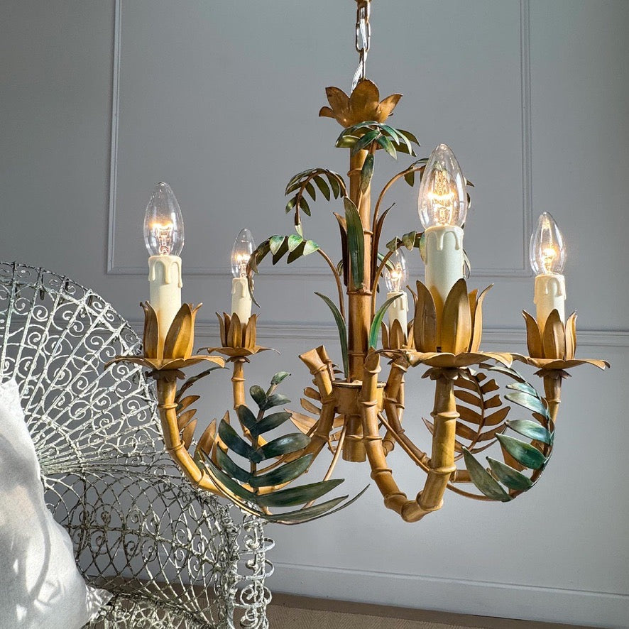 Faux Bamboo Palm Leaf Italian Tole Chandelier 1960's