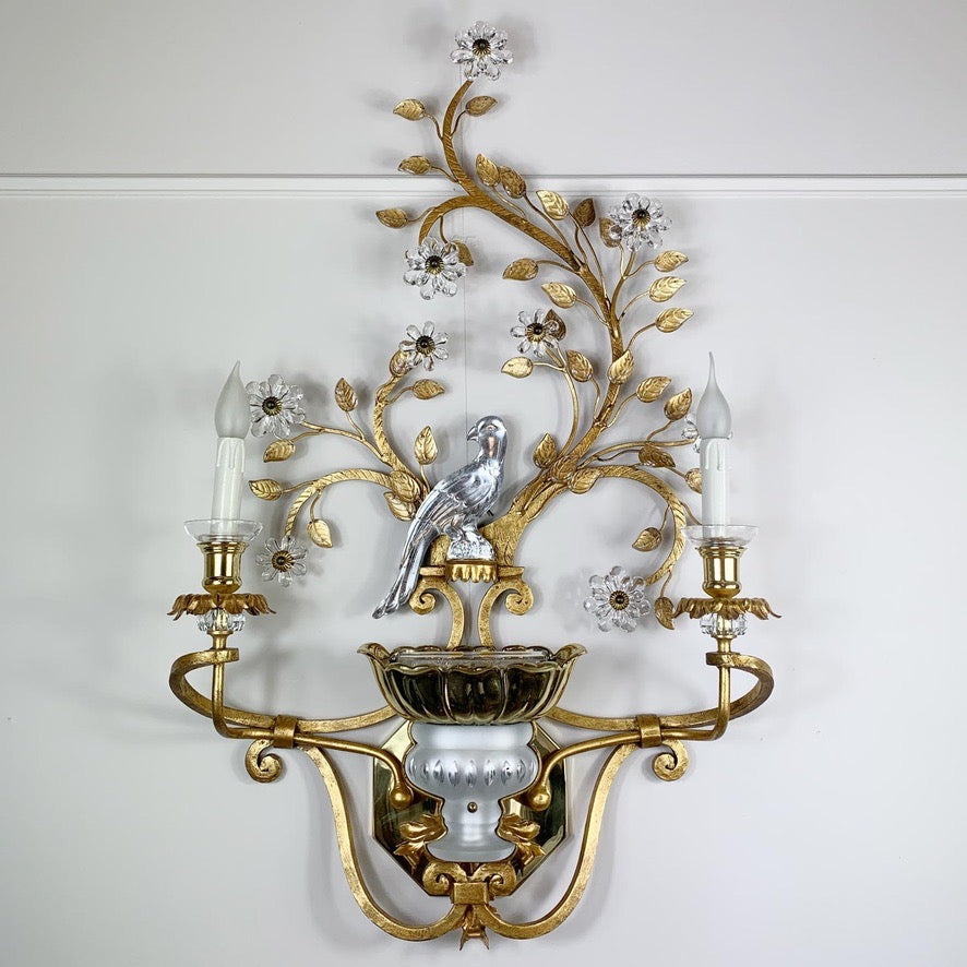 Stunning Large Banci Firenze Gilt Iron and Crystal Parrot Wall Light