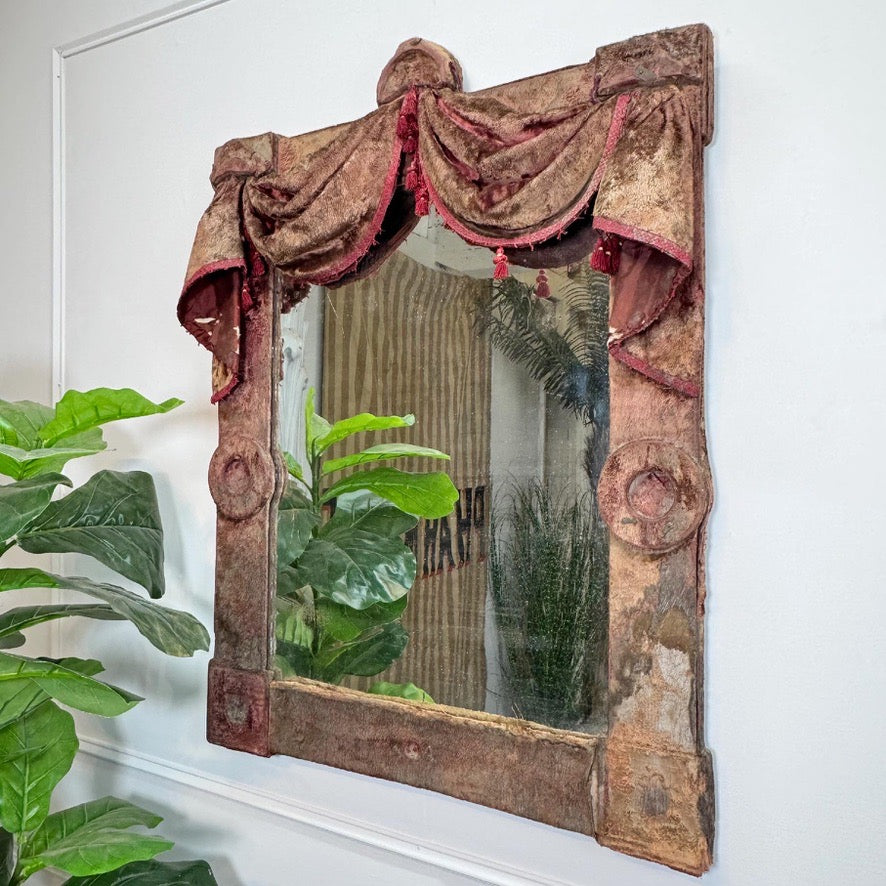 Theatrical Burgundy Antique Velvet Mirror with Drapes and Swags 19th Century