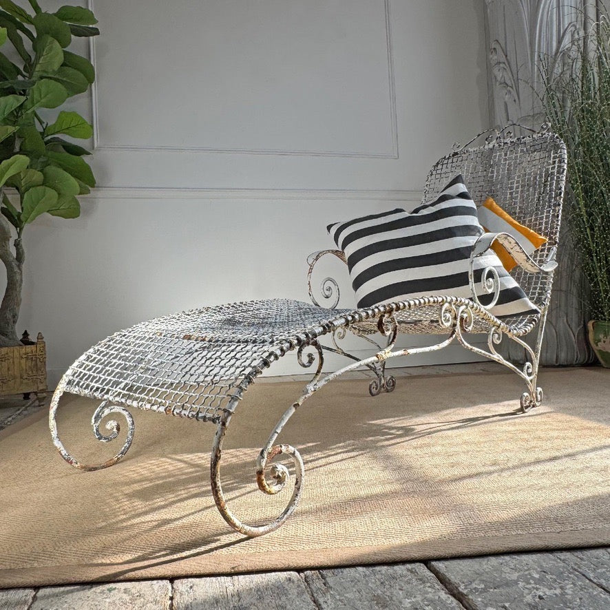 Antique Wrought Iron and Wirework Garden Lounger