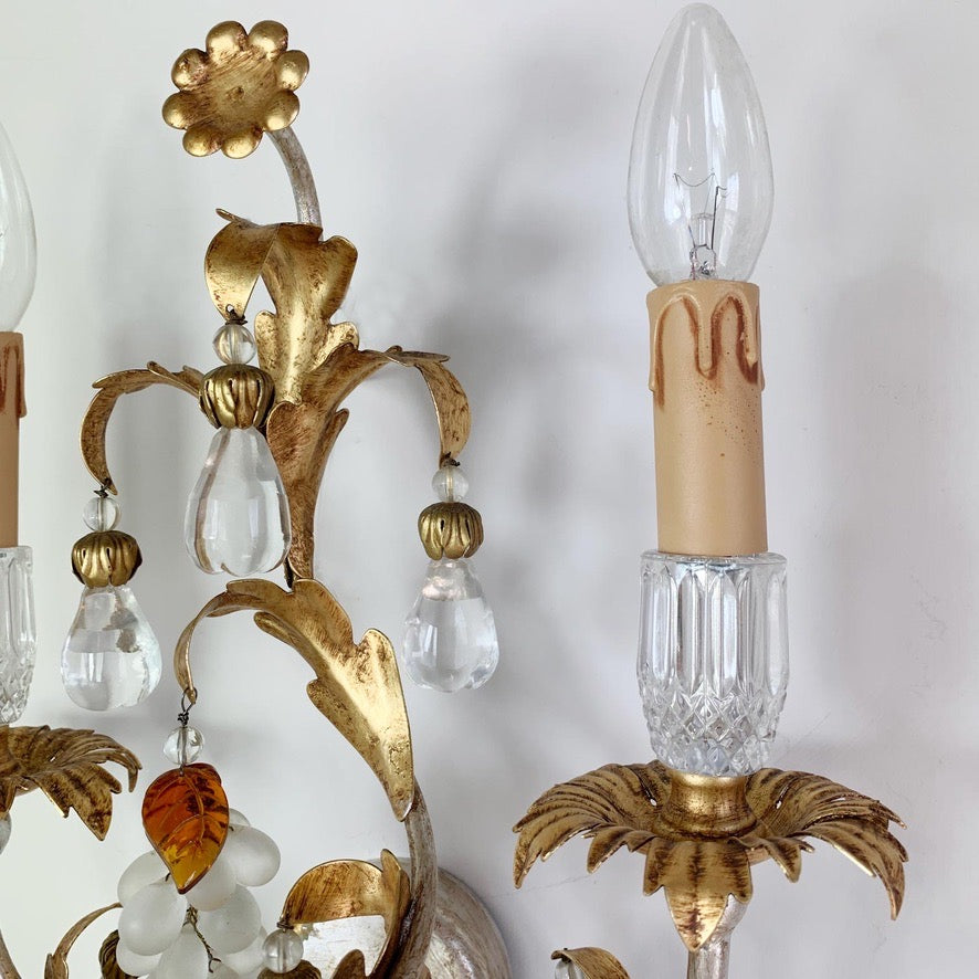 Pair of Banci Firenze Gold Crystal Grape and Pear Wall Lights