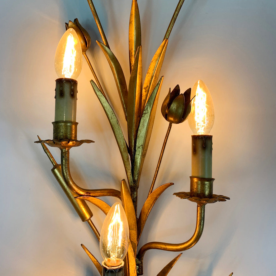 1960's Statement Gold French Bulrush Wall Sconce