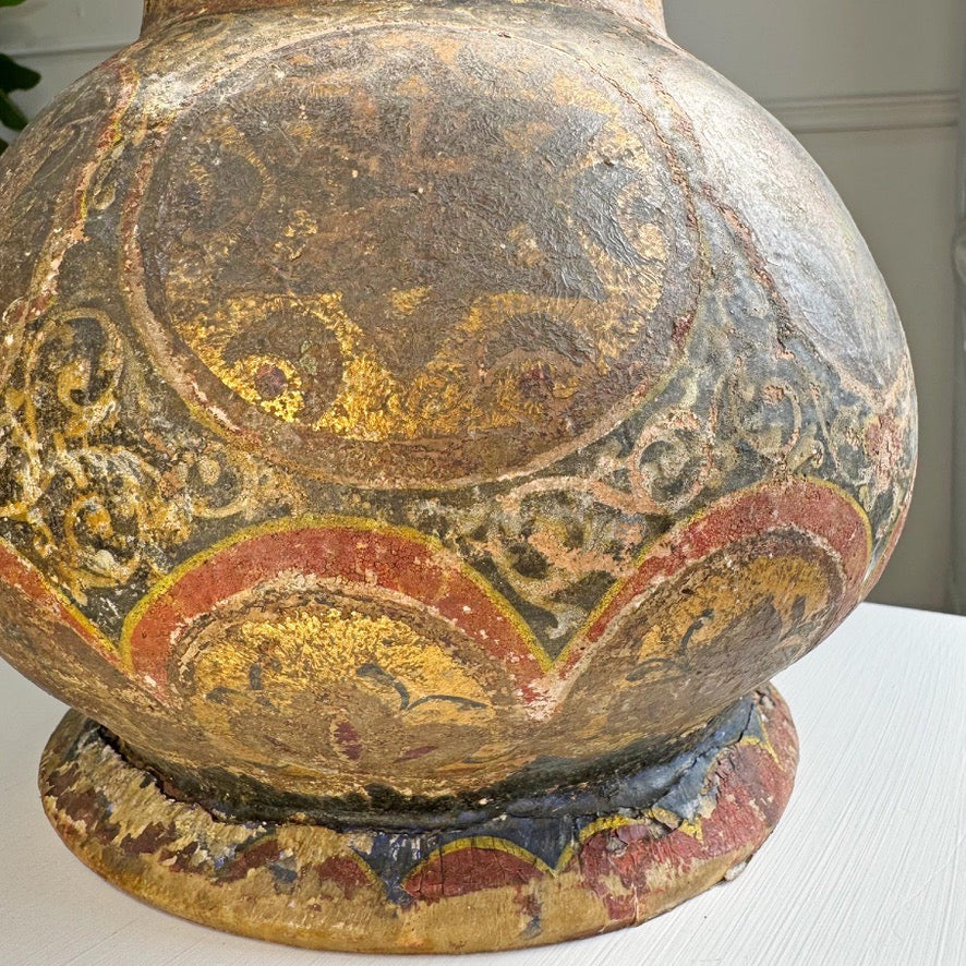Algerian Darbuka Drum Polychrome and Gold Decorated Terracotta 19th Century
