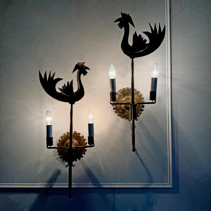 Vintage Pair of Jean Touret Cockerel Wall Lights for Ateliers de Marolles