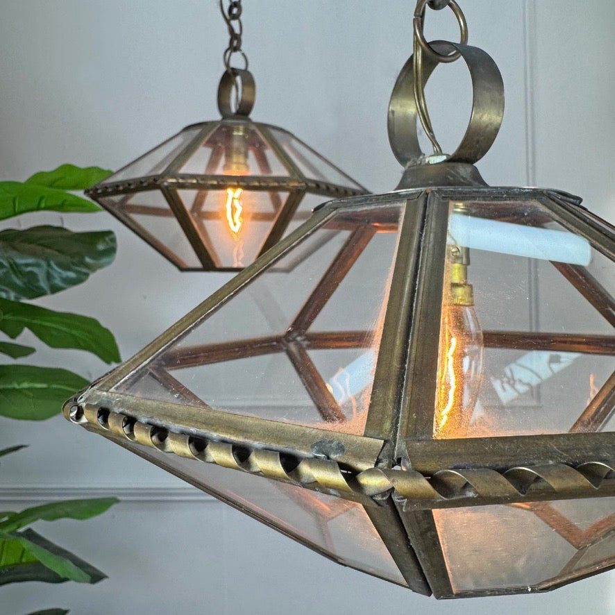 Pair of French Brass and Glass Art Deco Pendant Lights