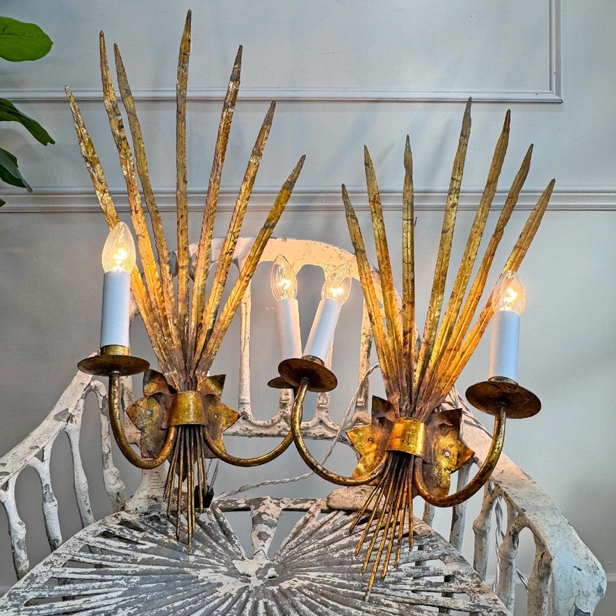 Pair of Vintage Gold Reed Leaf Wall Lights by Ferrocolor Spain 1950's