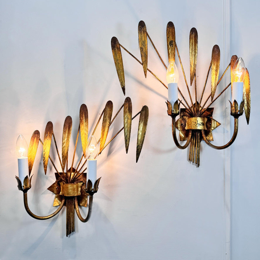 Vintage Pair of Ferro Art Gold Leaf Wall Lights