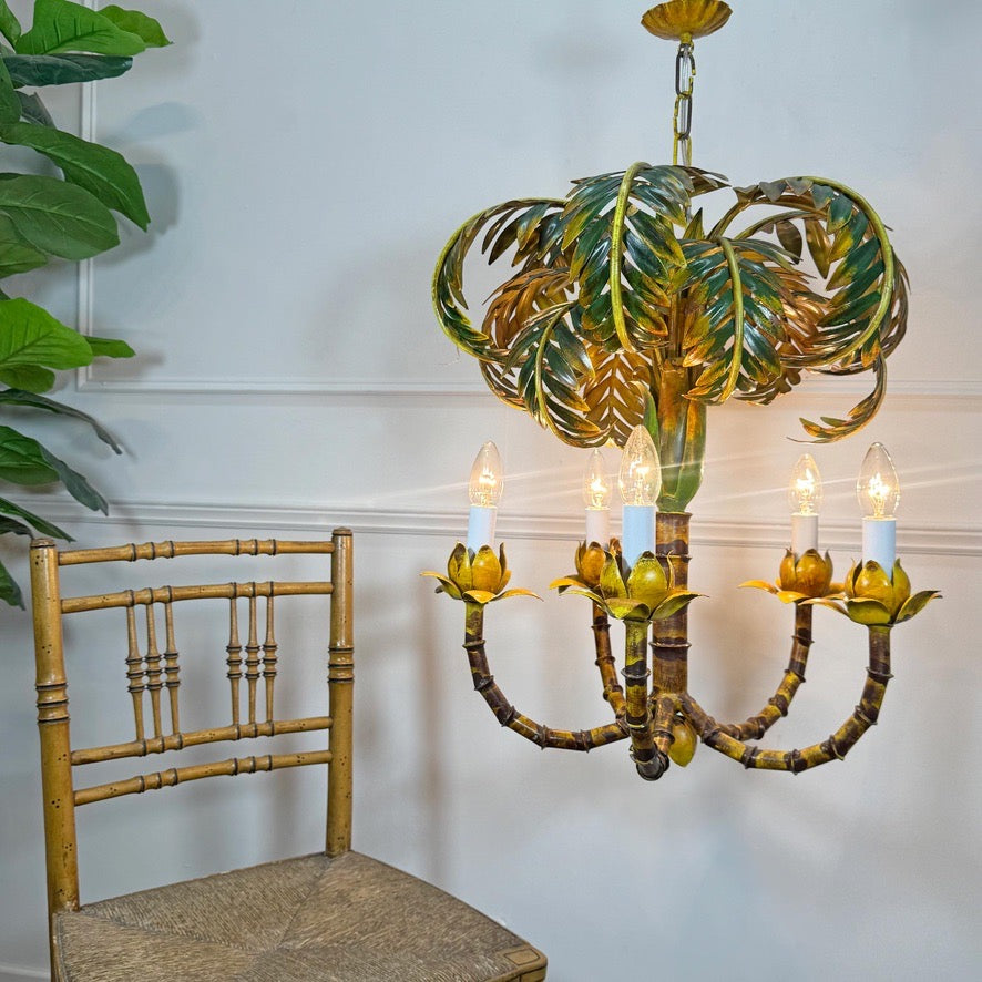 Antique Faux Bamboo Palm Leaf Chandelier France 1930's