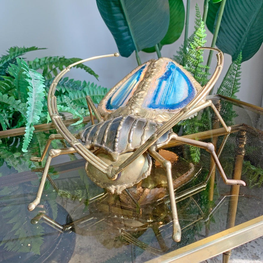Henri Fernandez Illuminated Gold Blue Agate Sculpture of a Longhorn Beetle