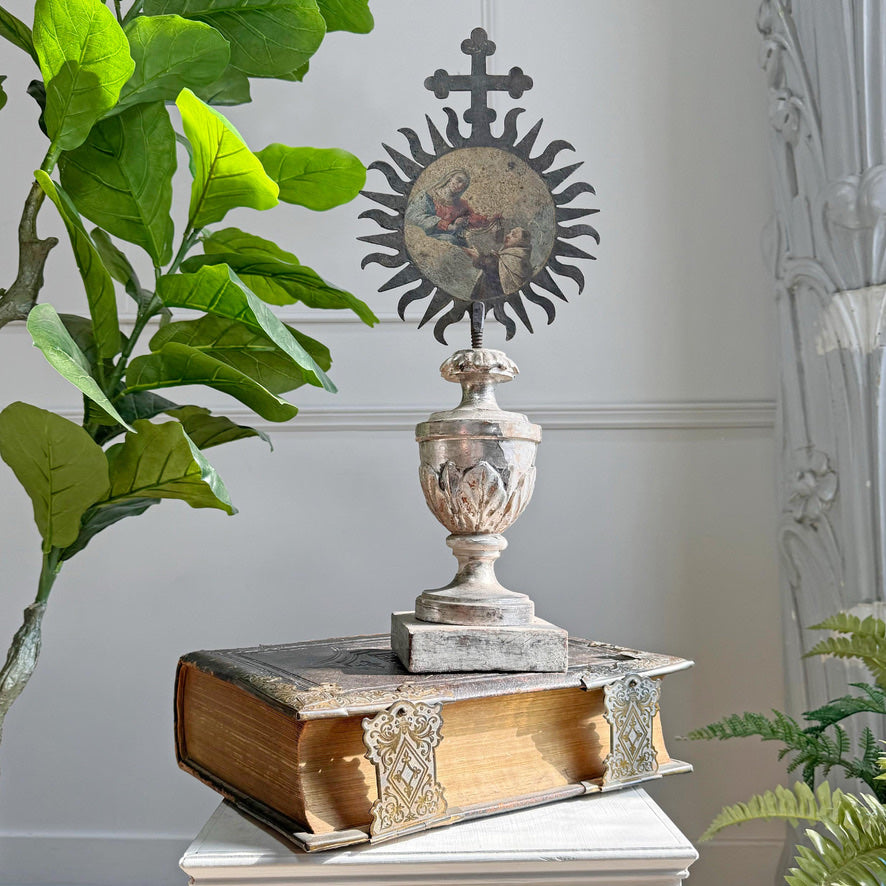 Painted Sunburst Mounted on a Baroque Silver Gilt Altar Vase 18th Century