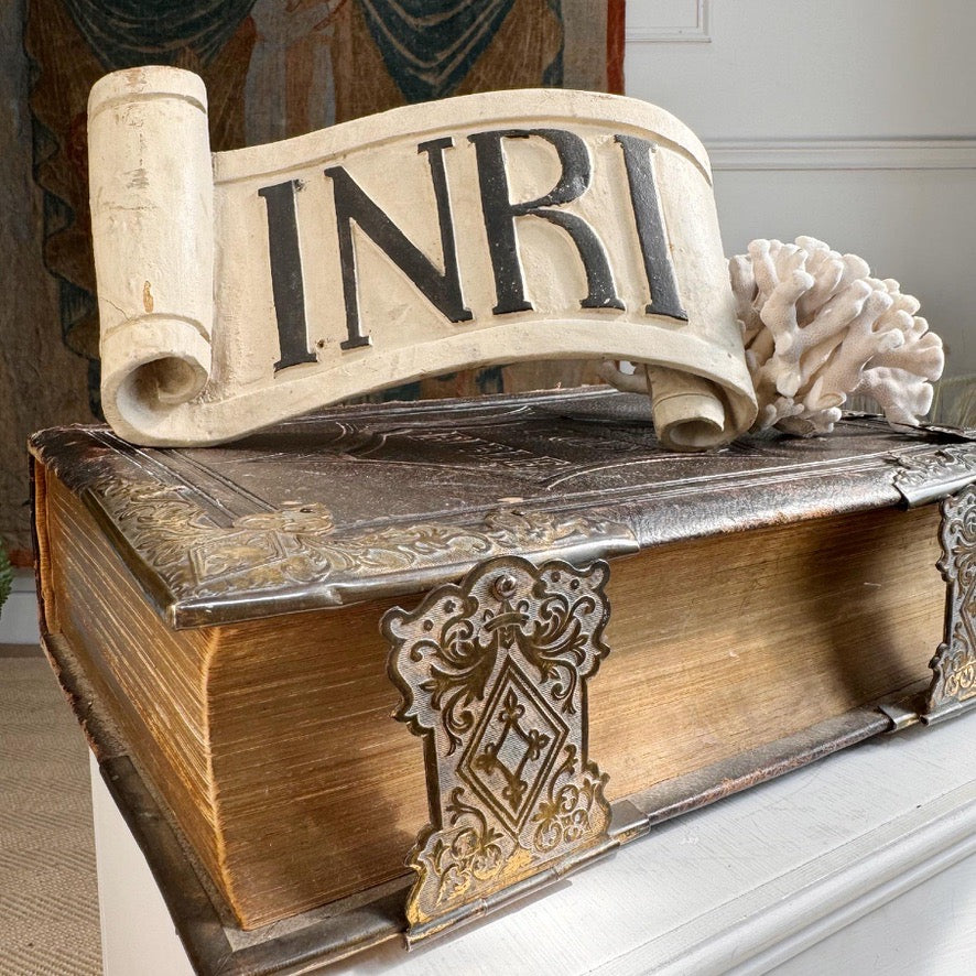 Carved Wood Religious INRI Scroll 18th Century