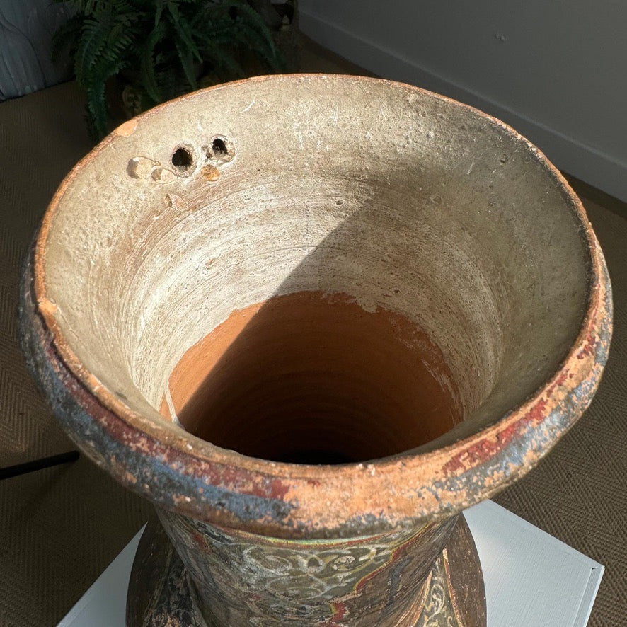 Algerian Darbuka Drum Polychrome and Gold Decorated Terracotta 19th Century