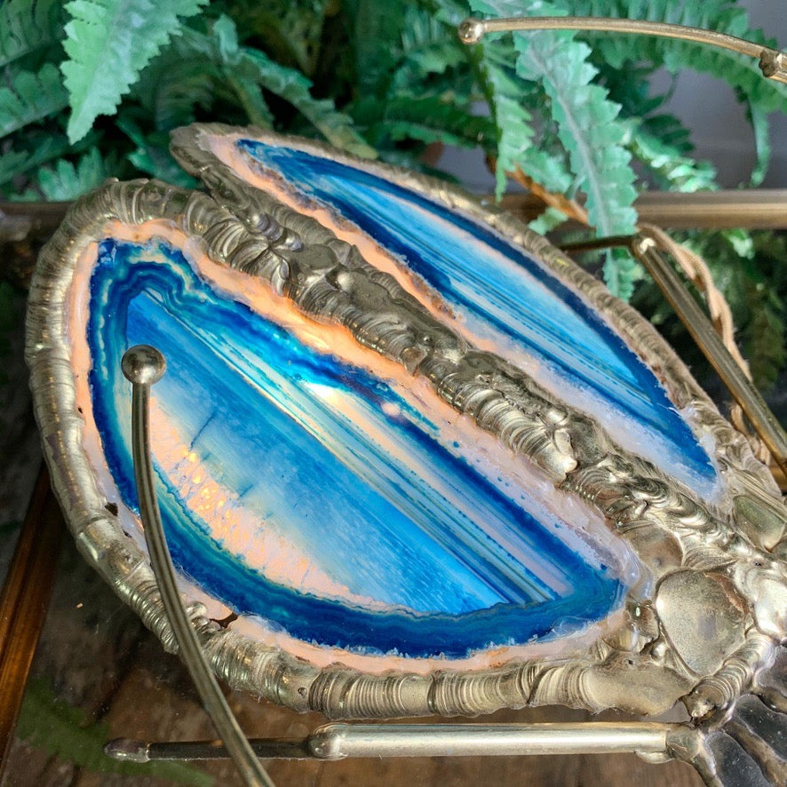 Henri Fernandez Illuminated Gold Blue Agate Sculpture of a Longhorn Beetle