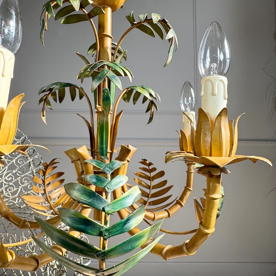 Faux Bamboo Palm Leaf Italian Tole Chandelier 1960's