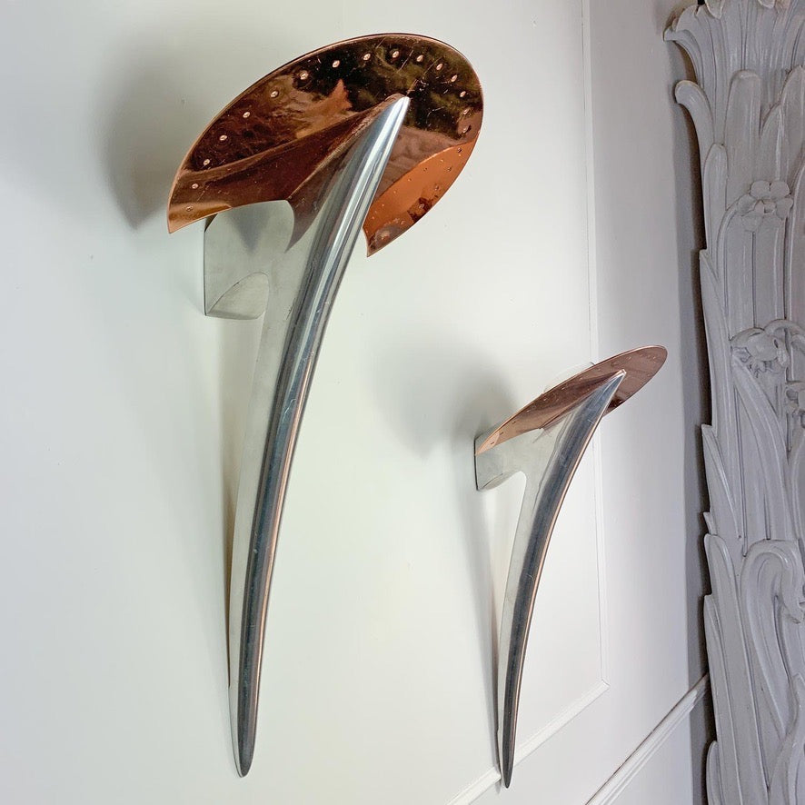 Pair of Copper & Silver Alien Wall Lights designed by Joan Auger