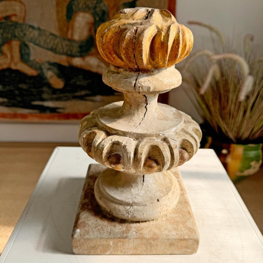Antique Wood and Gesso Altar Vase with Flame and Faux Marble Italy 18th Century