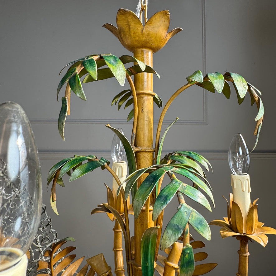 Faux Bamboo Palm Leaf Italian Tole Chandelier 1960's