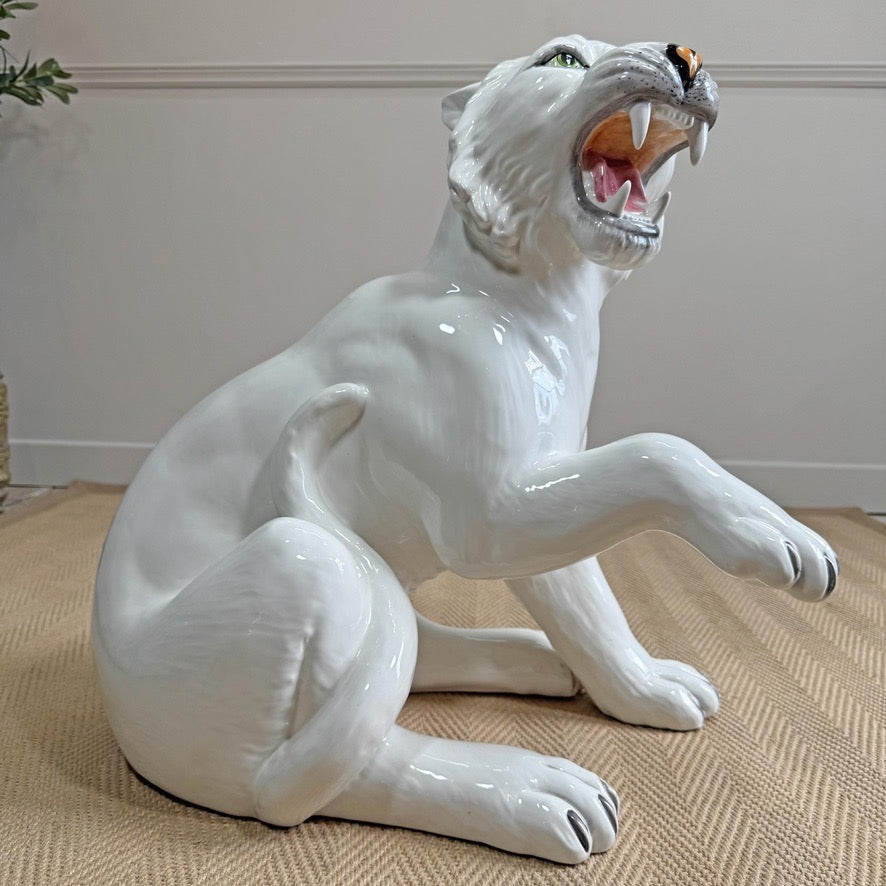 20th Century Italian Ceramic White Tiger Statue
