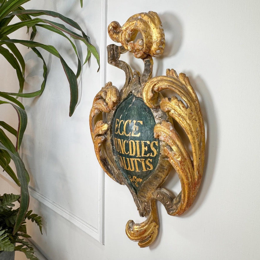 18th Century Giltwood Religious Shield Polychrome Painted