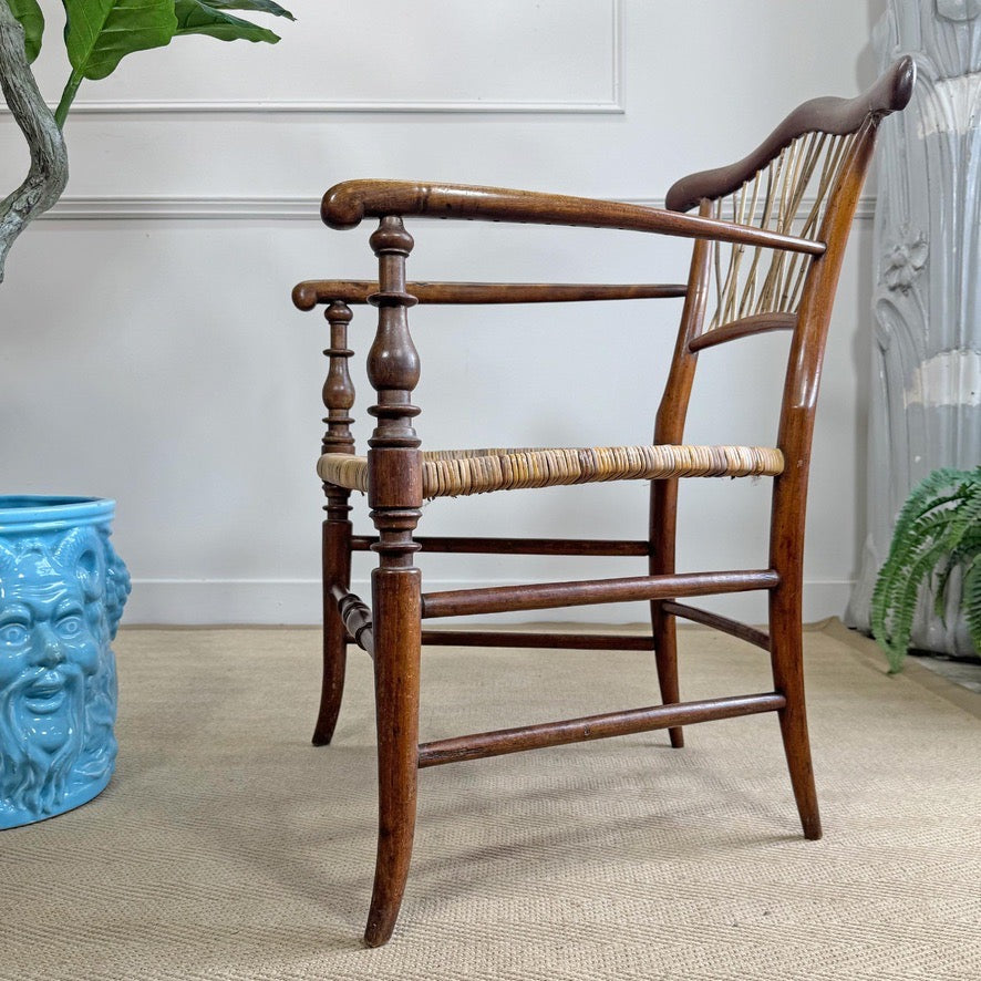 19th Century Herringbone Woven Elbow Chair with Stick Back