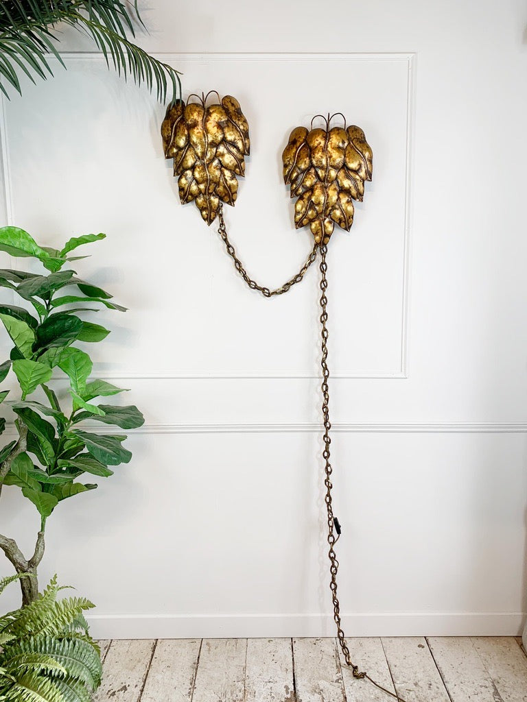 Pair of Gold Italian Leaf and Chain Swag Wall Lights 1950's