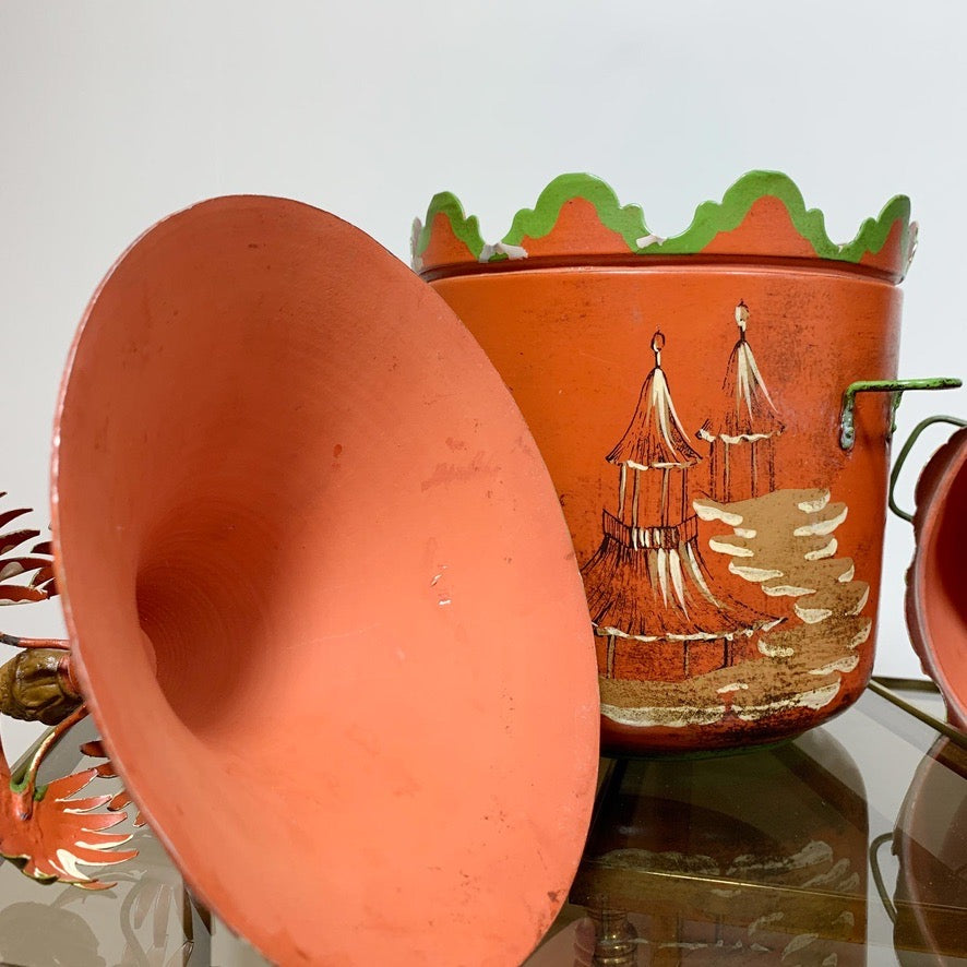 Red Italian Hand Painted Chinoiserie Ice Buckets 1950's