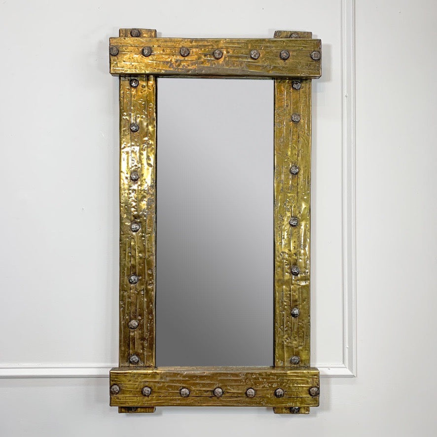 Mid-Century Gold Riveted Brass Brutalist Mirror