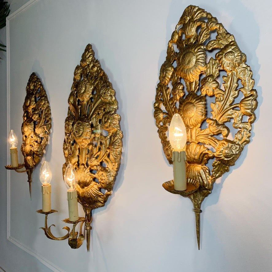 Set of 3 Gold Repousse Baroque Wall Sconces