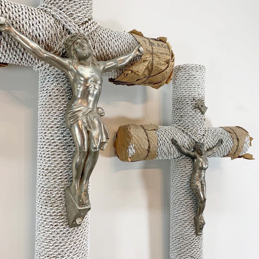 1930's French White Glass Bead and Zinc Memorial Crucifixes