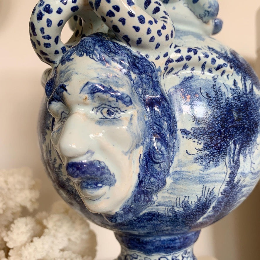Late 18th Century Delft Style Blue and White Bacchus Serpent Handled Vase