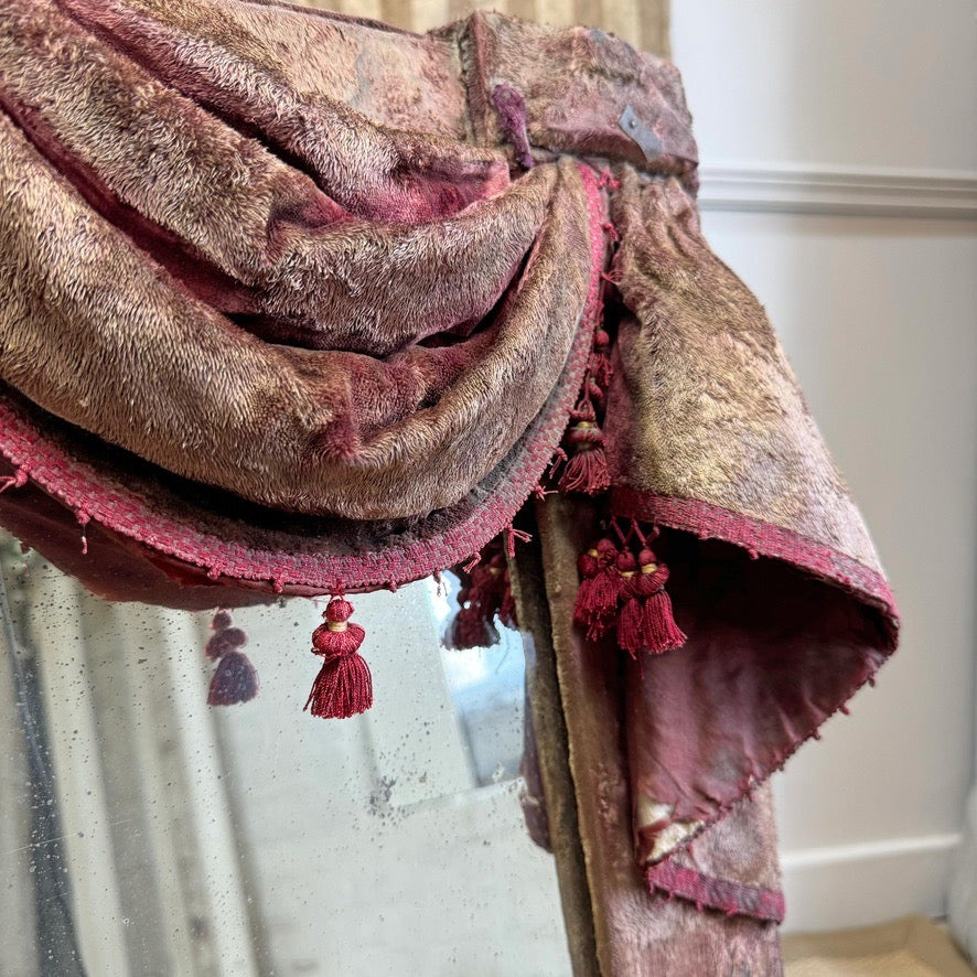 Theatrical Burgundy Antique Velvet Mirror with Drapes and Swags 19th Century