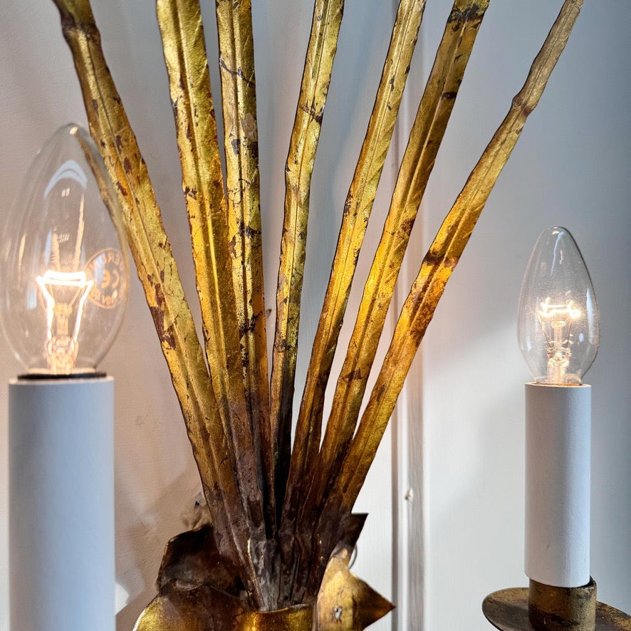 Pair of Vintage Gold Reed Leaf Wall Lights by Ferrocolor Spain 1950's