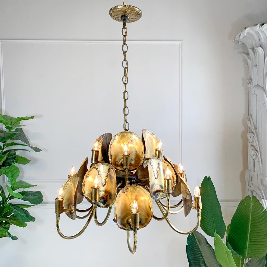 Modernist Gold Brutalist Chandelier by Tom Greene for Feldman