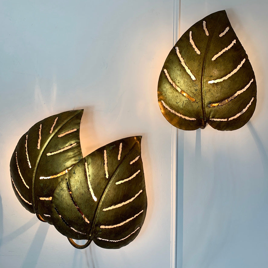 Maison Jansen Gold Monstera single leaf wall lights, 1970s