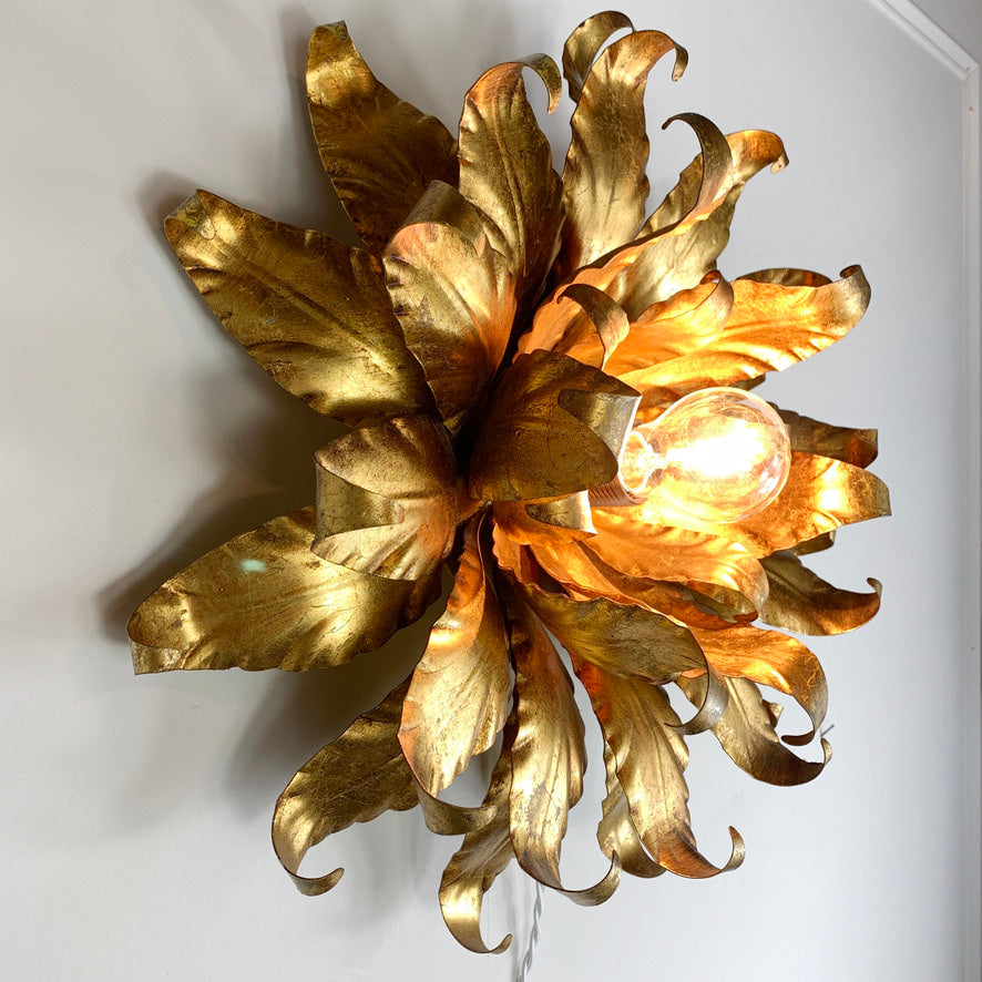 Large Gold Toleware Italian Flower Light 1960's