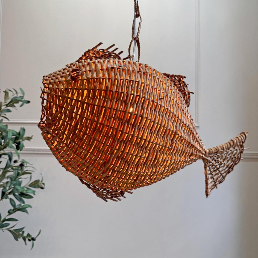 1950s Large Wicker Fish Pendant Light
