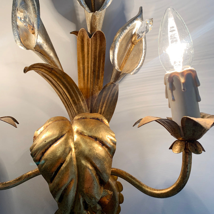Pair of Hans Kogl Gold & Silver Calla Lily Wall Sconce, C 1970'S