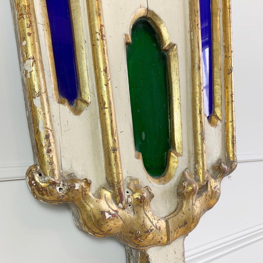 19th Century White and Gold Italian Stained Glass Wooden Church Panel