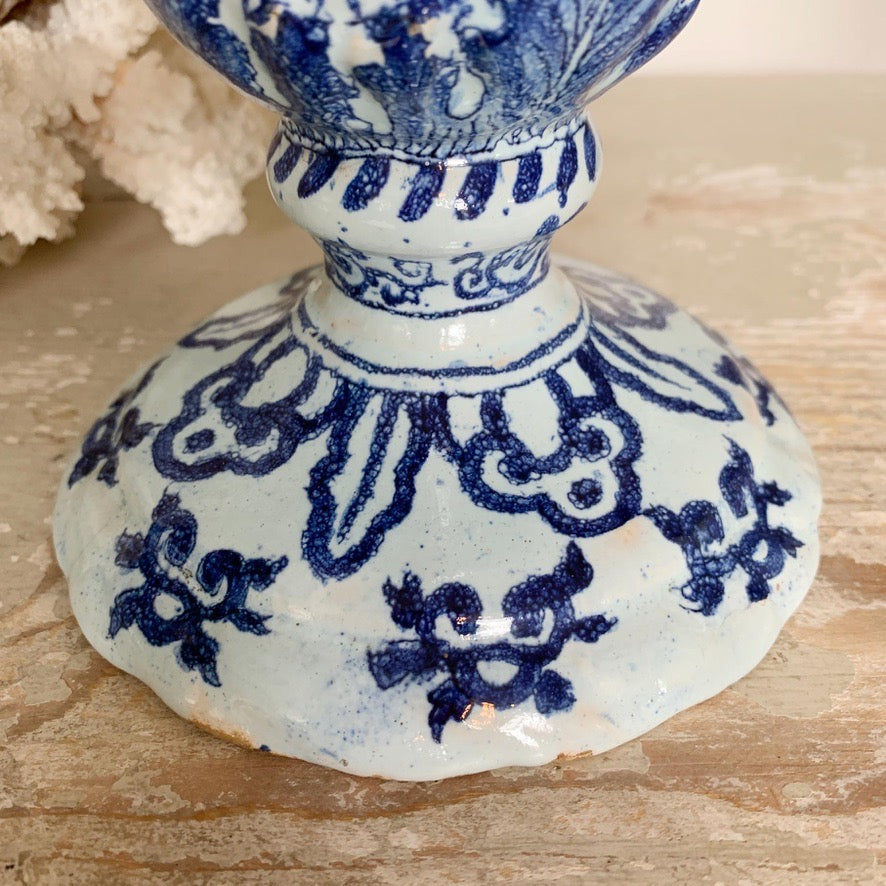 Late 18th Century Delft Style Blue and White Bacchus Serpent Handled Vase