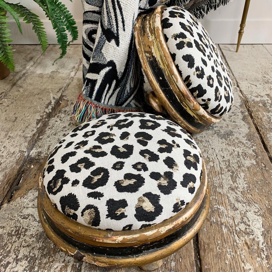 Victorian Petite Foot Stools in Woven Leopard Jacquard Fabric