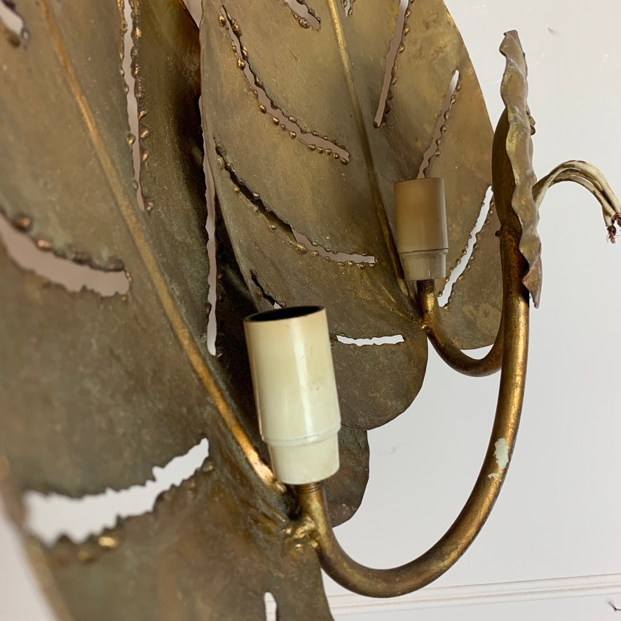 Maison Jansen Gold Monstera Double Leaf Wall Lights 1970's