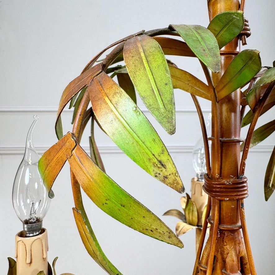 Mid Century Italian Faux Bamboo Palm Tole Chandelier 1950's