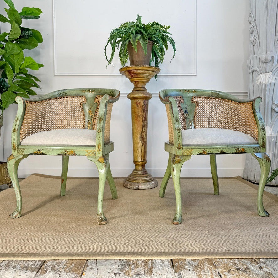 Pair of 19th Century Green Queen Anne Revival Chinoiserie Bergere Chairs