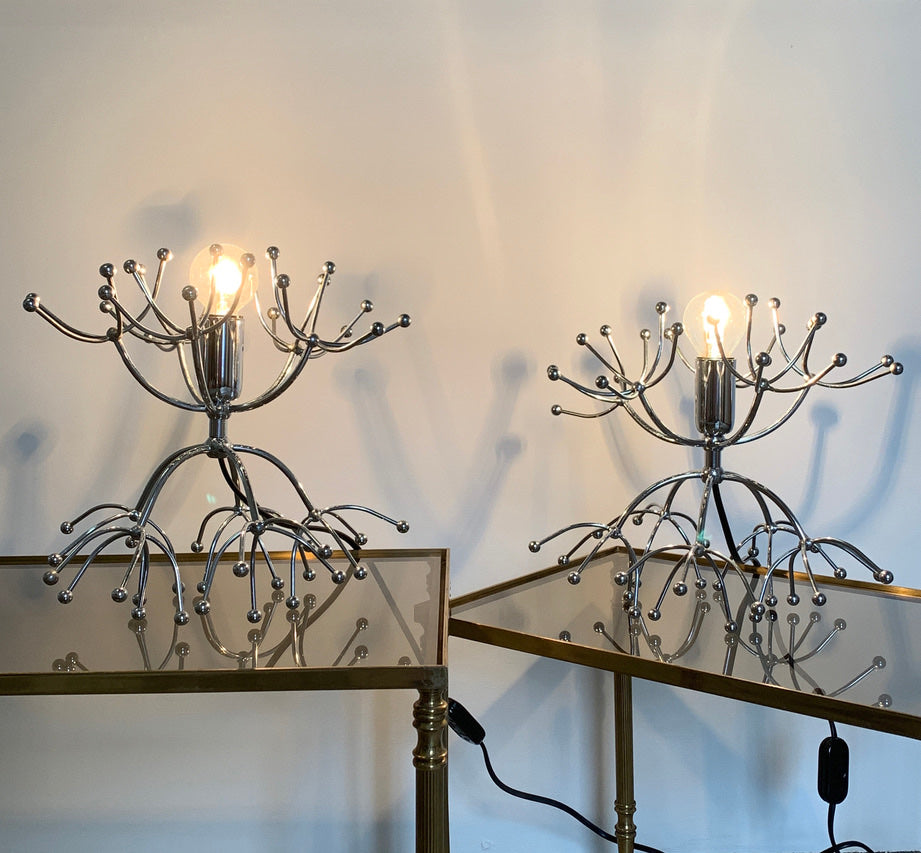Pair Of Silver Gaetano Sciolari Sputnik Table Lamps Italy 1960s