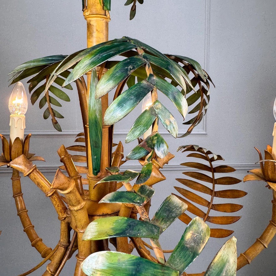 Large Faux Bamboo Palm Leaf Italian Tole Chandelier 1960's