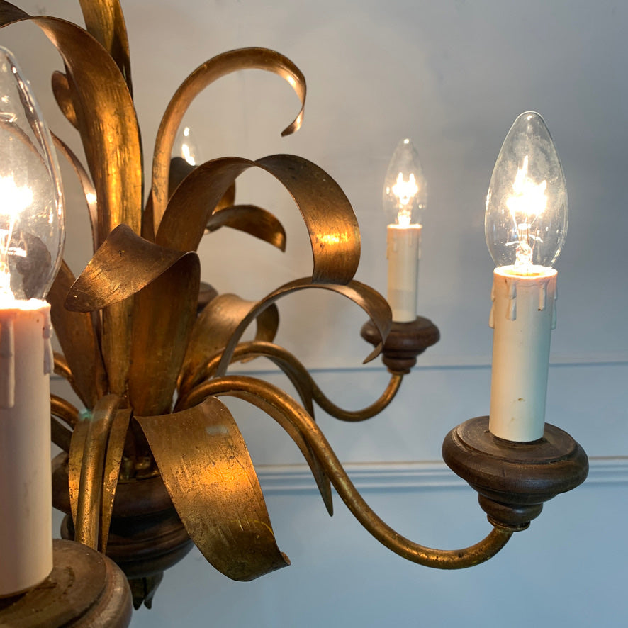 Italian Broad Leaf Gold Chandelier 1970's