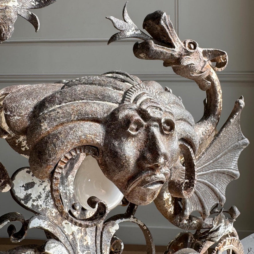 19th Century Wrought and Cast Iron Gothic Overdoor Light