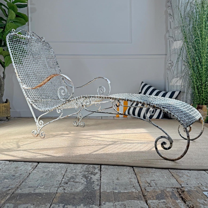 Antique Wrought Iron and Wirework Garden Lounger